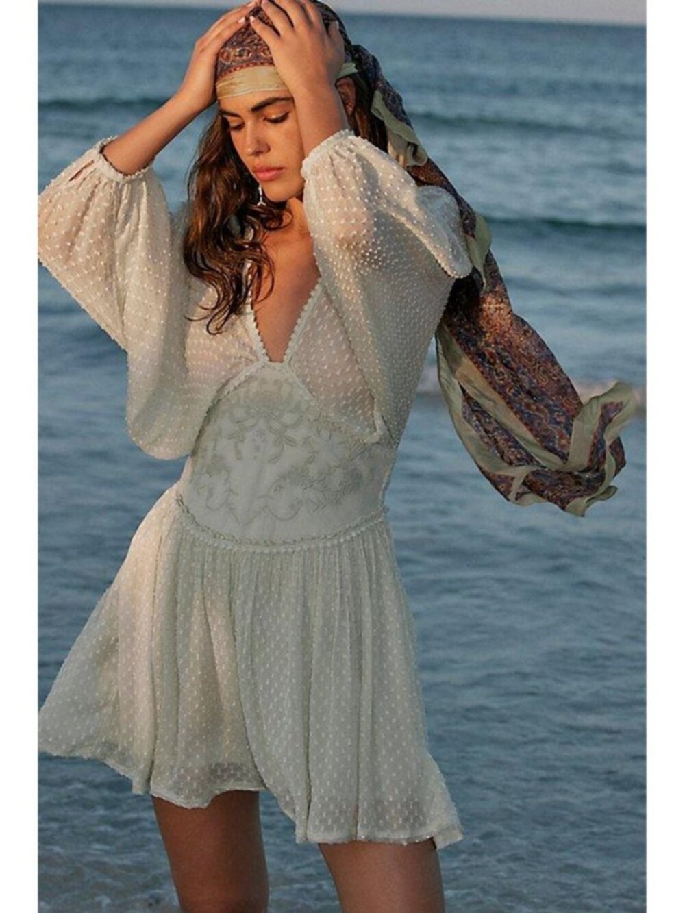 Free People Sweet Dreams Mini Dress Tofu V Neck Floral Embroidered XL